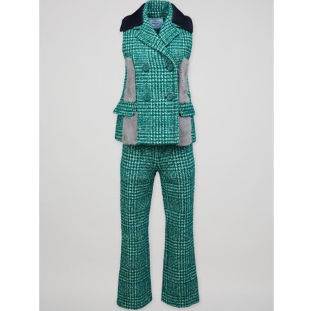 Prada Fall 2015 Green Tweed Ensemble Pants Vest with Mink Fur Accents IT 42 US 6